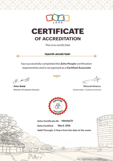 Zoho People Associate certificate, Hyacinth Kadri