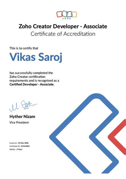 Zoho Creator Associate certificate, Vikas Saroj