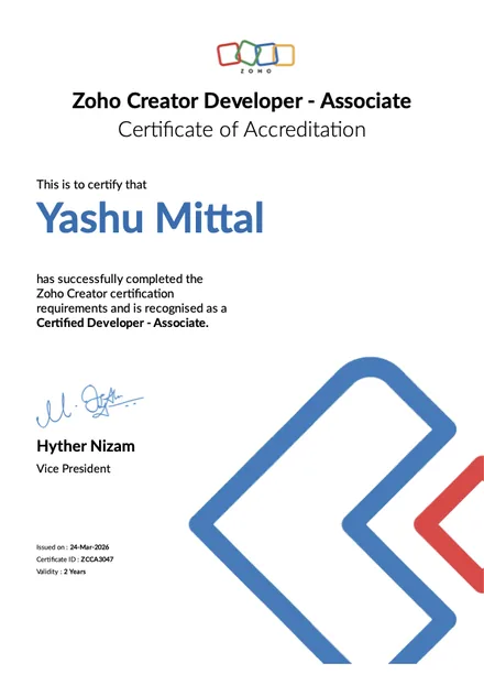 Zoho Creator Associate certificate, Yashu Mittal